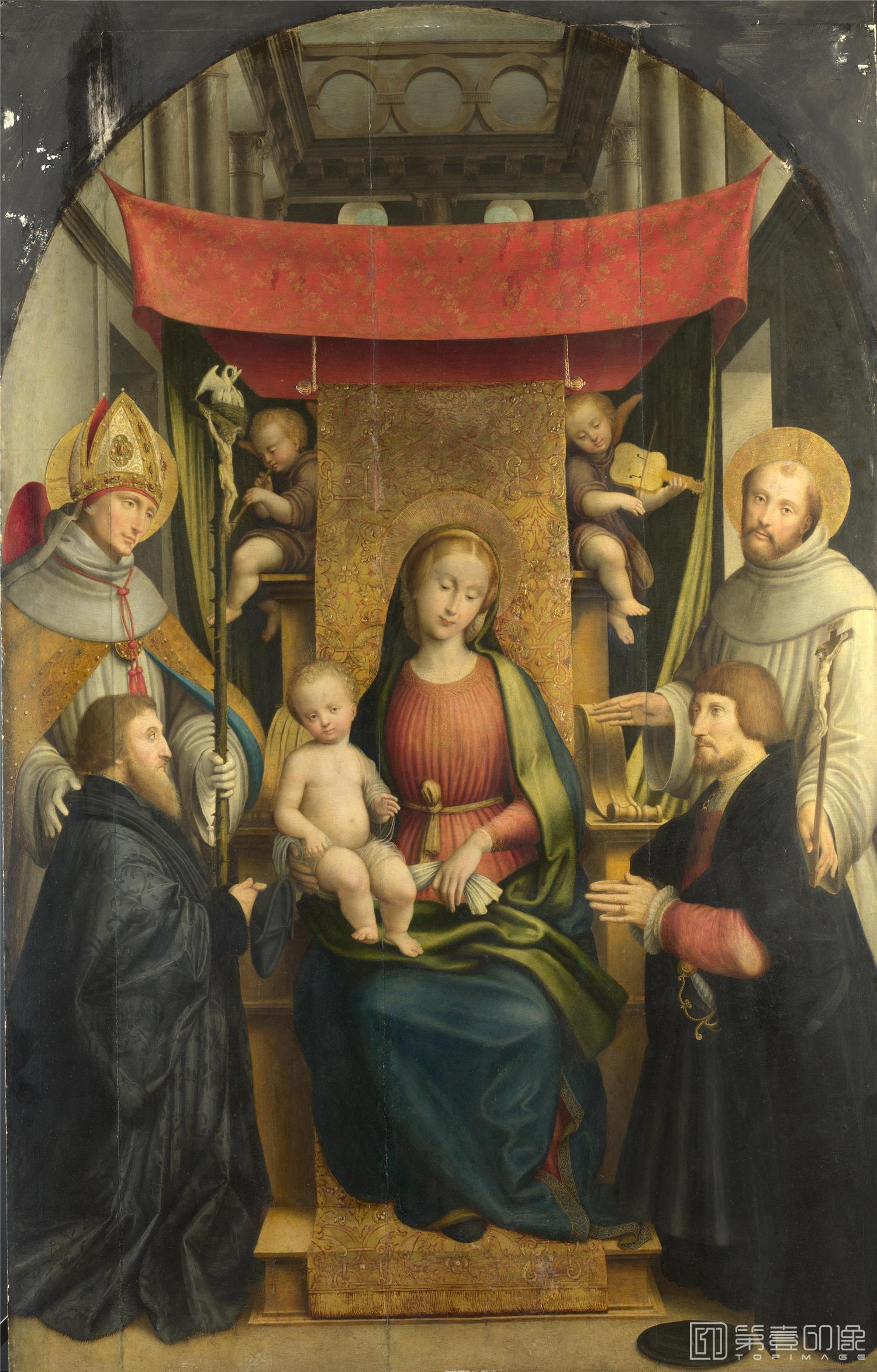油画-大英博物馆藏画-Gerolamo Giovenone - The Virgin and Child with Saints and Donors-0876